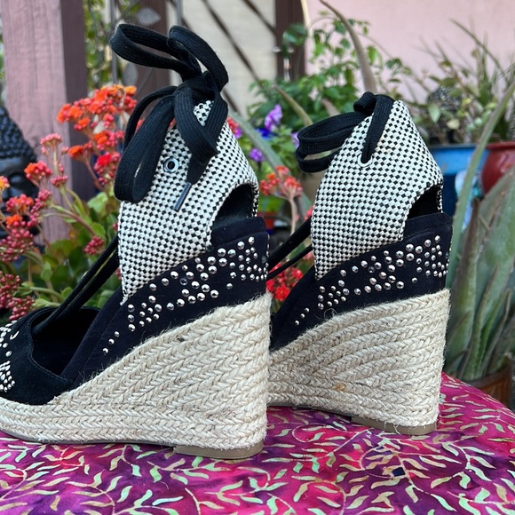 New BCBG Embellished Black Wedge Espadrille Sandals - Picture 12 of 17